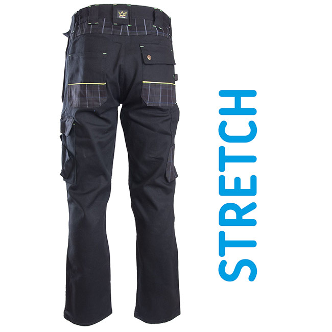 Tył spodni roboczych w kolorze granatowym i niebieski napis Stretch