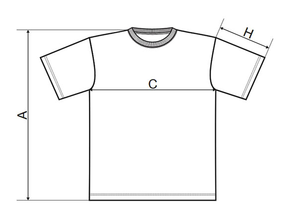 Rozmiary T-shirtów. A - wysokość koszulki, C - szerokość pod pachami, H - długość rękawa